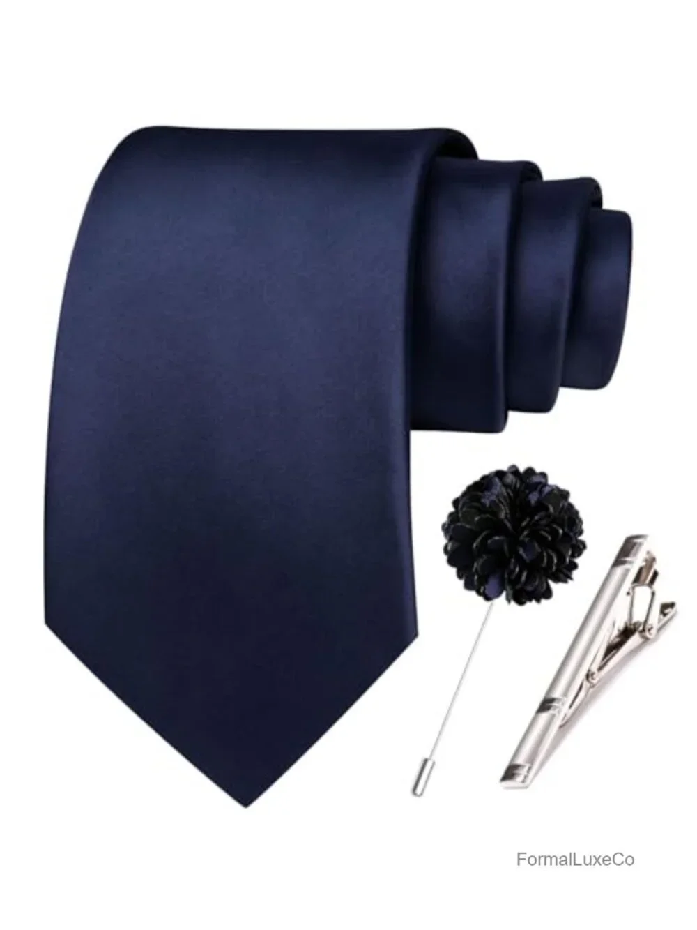 Silk Blend Extra Long Solid Satin Tie Set with Lapel Pin & Tie Clip Formal